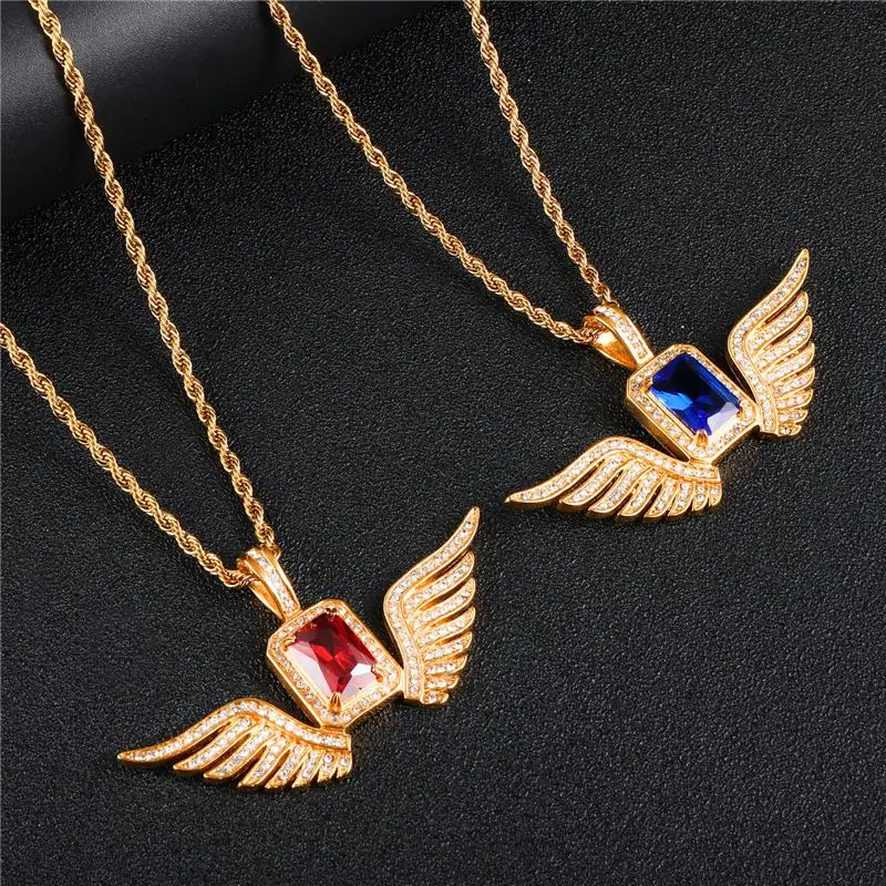 

Unisex Hip Hop Iced Out Chain Necklace Rhinestone Gold Color Wing Square Red Crystal Pendants & Necklaces For Women Men Jewelry