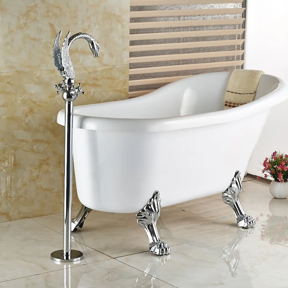 Wholesale And Retail Luxury Chrome Brass Swan Faucet Floor Mounted Tub