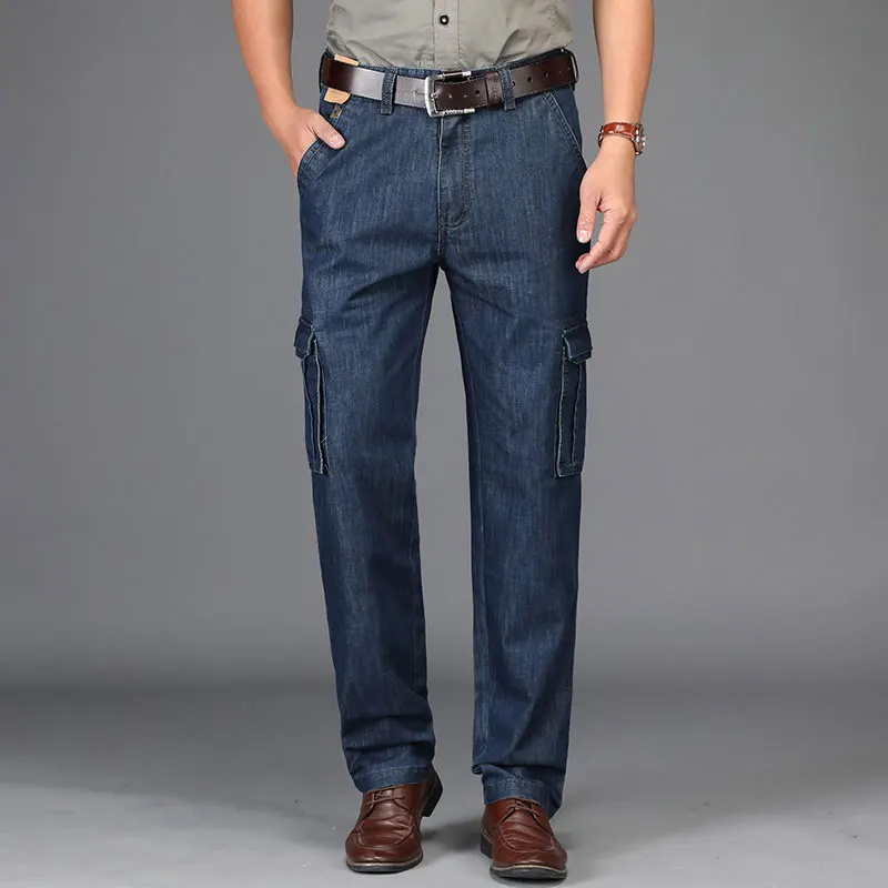 Summer JEEP Brand Cotton Cargo Jeans Elastic Men's Casual Full Length Retro Jeans Multi Pockets Cotton Pants Fashion Trousers 44 (41)