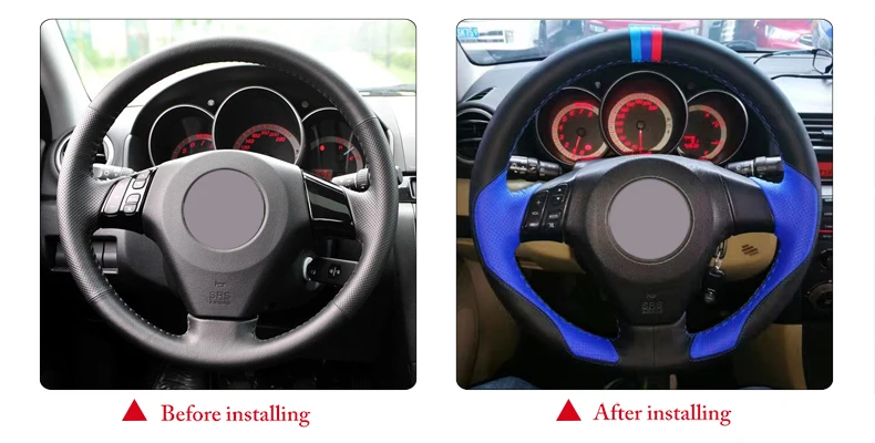 Черный кожаный синий кожаный чехол на руль автомобиля для Mazda 3 Axela 2003-2009 Mazda 5 2004-2010 Mazda 6 Atenza 2004-2008