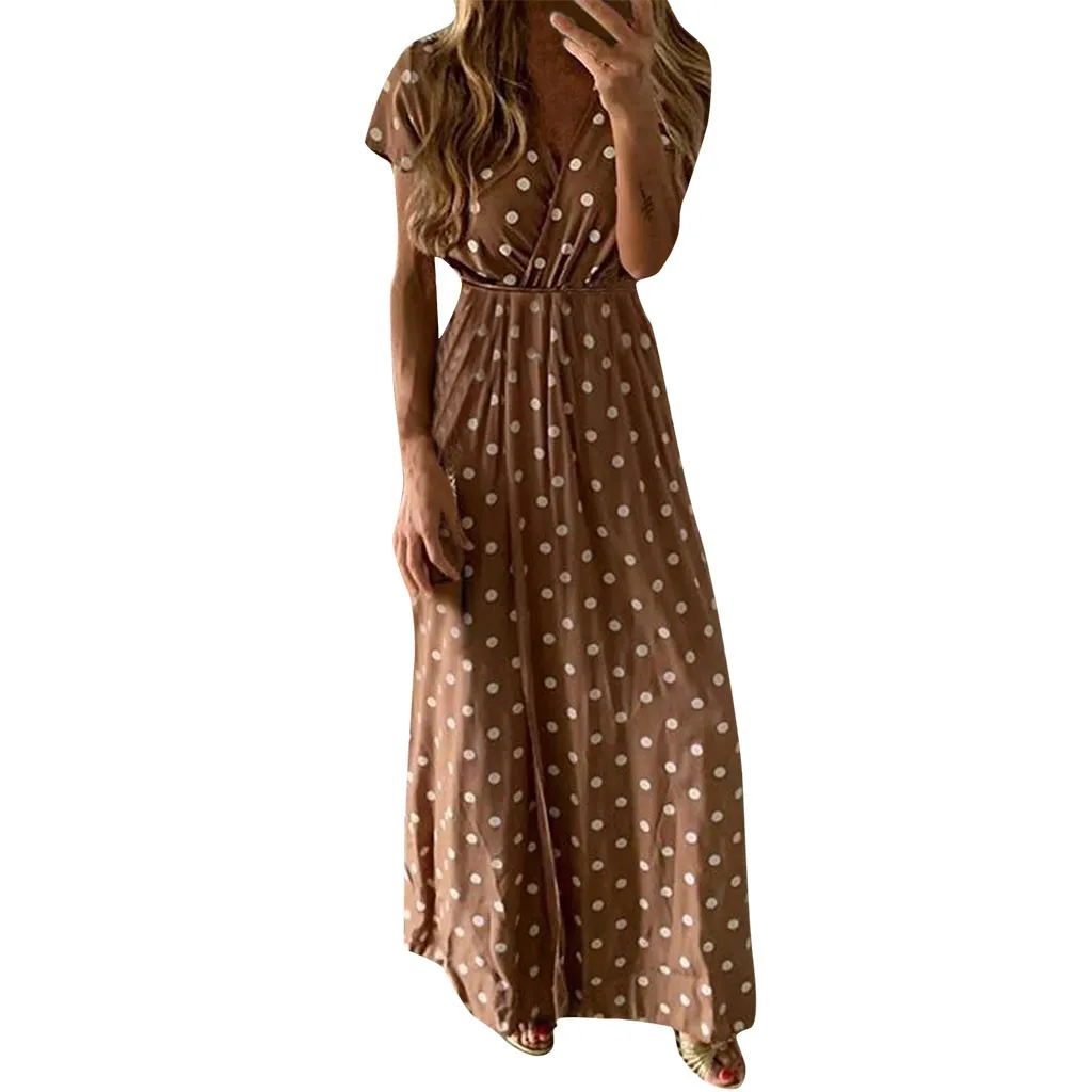 

Women Sexy Casual High Waist Fit Boho Dot Printed Brown V Neck Split Party Club Long Dress Summer Ladies Female Sundress Dresses