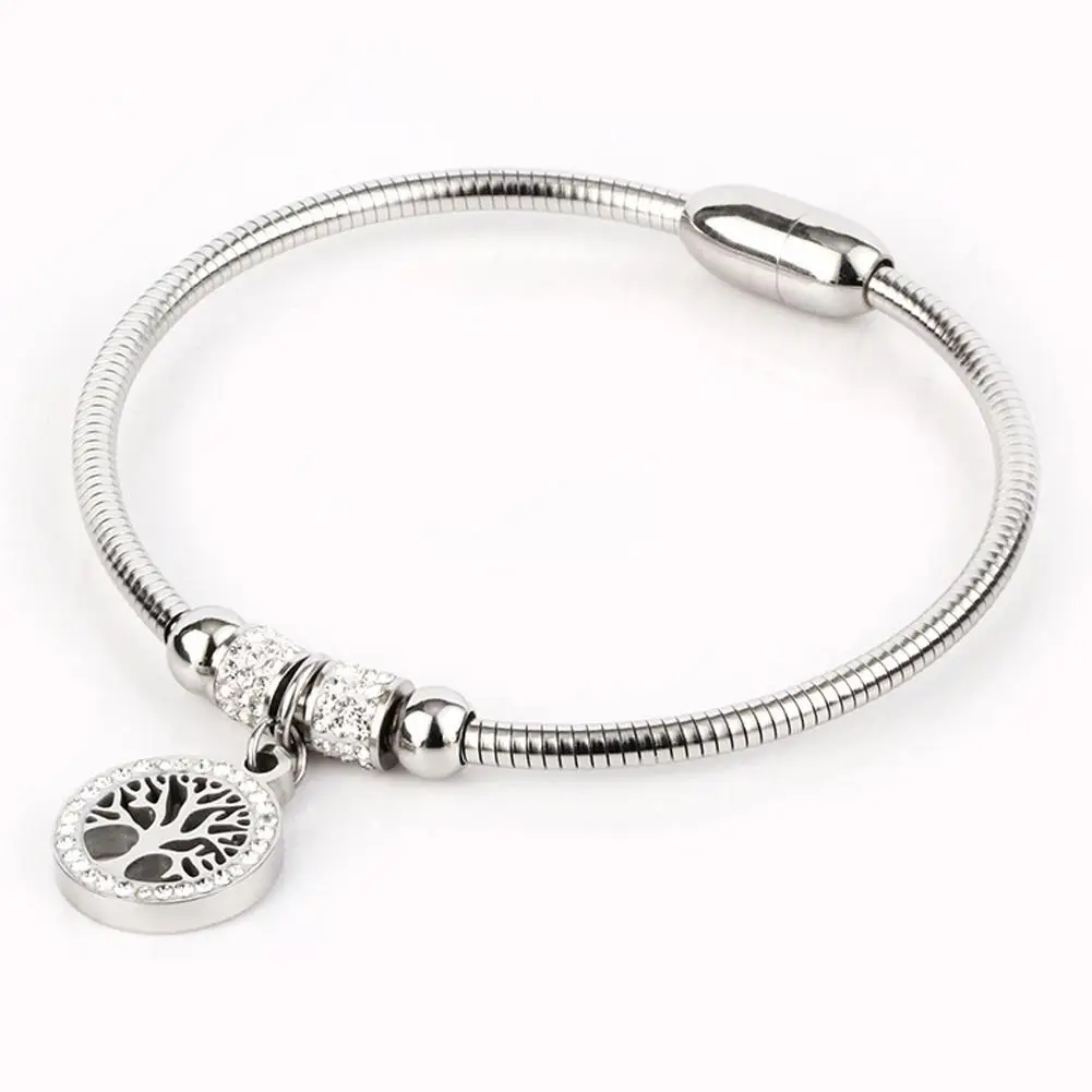 

Titanium Steel Bracelet Rhinestone Inlaid The Tree Of Life Stainless Steel Magnet Bracelet For Women's Girls Jewelry Gift