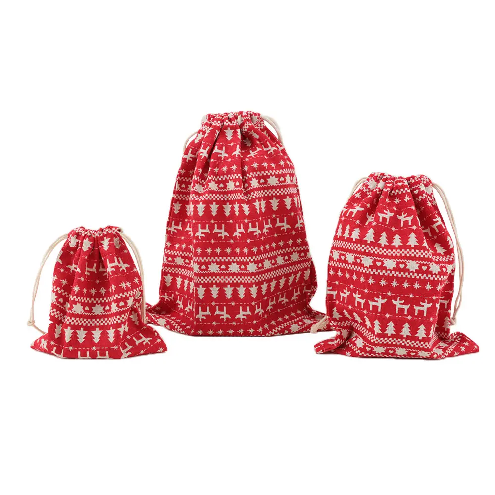 

New Arrival Hot Sale 2018 Christmas Cotton Linen Drawstring Bundle Bag Cartoon Printing Candy Tea Gift Bag for Kids Gifts