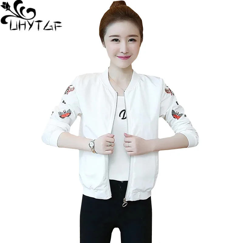 

Куртка UHYTGF женская с вышивкой, модный топ на молнии с круглым вырезом, свободная Короткая Повседневная тонкая Базовая верхняя одежда, весна-лето 1507