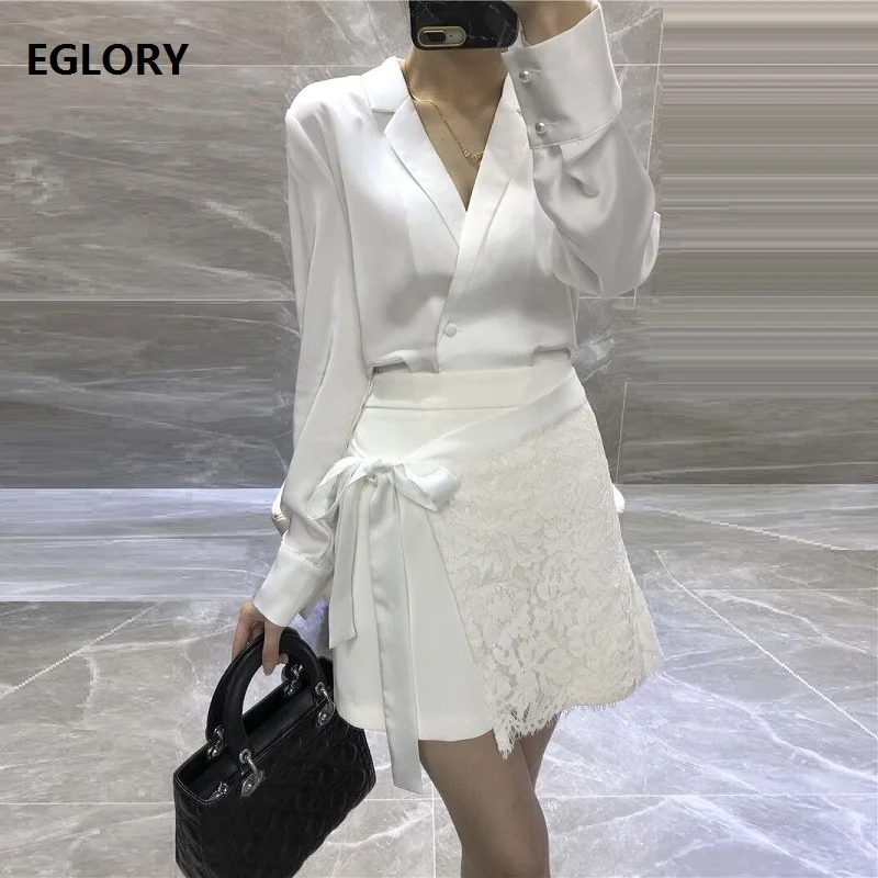 

Two Piece Set 2019 Spring Summer Fashion Work Suit Women Single Button Blazer Tops Blouse+Lace Patchwork Mini Skirt Set Female
