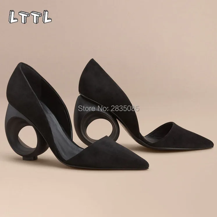 

LTTL Celebrity Runway Prom Shoes Woman Black Suede Pointed Toe Sexy Stilettos Fretwork Strange Heel Pumps Women Designer Shoes