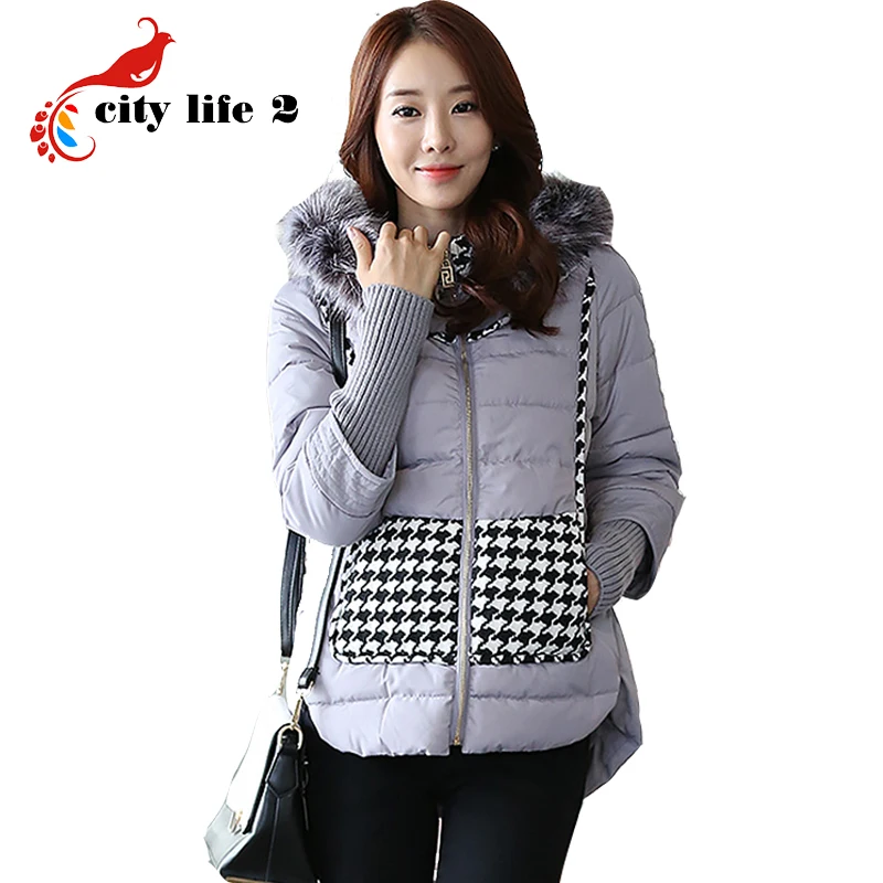 

Rabbit Fur Collar Winter Jacket Women Long Cotton-Padded Clothes New 2015 Down Coat For Women Fashion Large Size Houndstooth