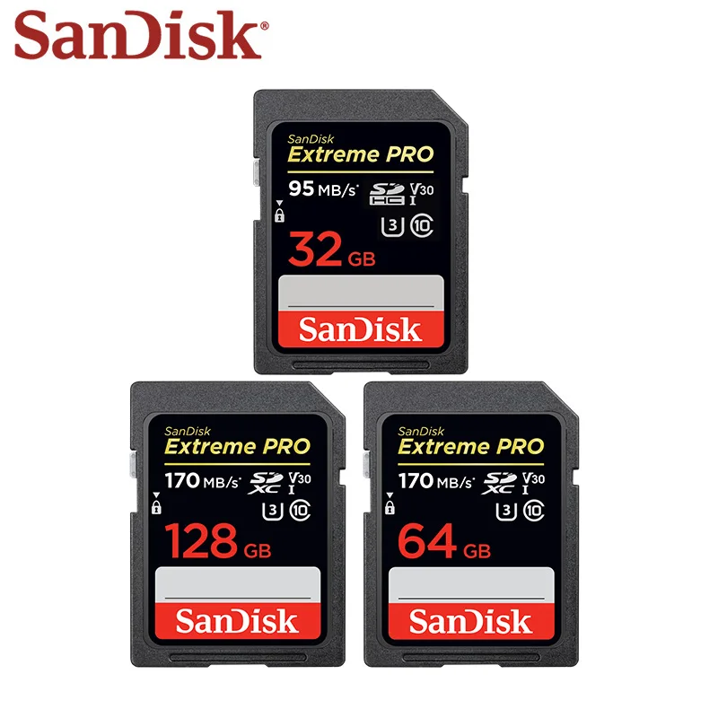Двойной Флеш-накопитель SanDisk Extreme PRO 64 Гб оперативной памяти, 32 Гб встроенной памяти SD карты высокой Скорость 95 МБ/с. карту памяти SD класса 10 UHS-I U3 128 ГБ для Камера SD карты