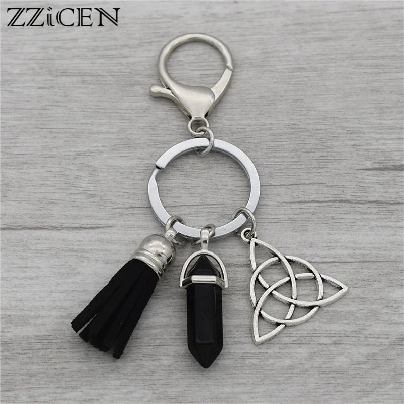 

2018 Natural Opal Black Quartz Onyx Stone Antique Silver Trinity Knot Triquetra Symbol Tassels Pendant Key Rings Keychain Gifts