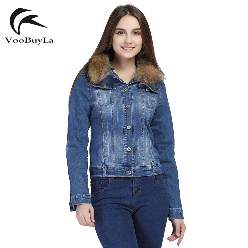 Женская джинсовая куртка VooBuyLa с воротником из меха енота размера плюс 6XL на зиму