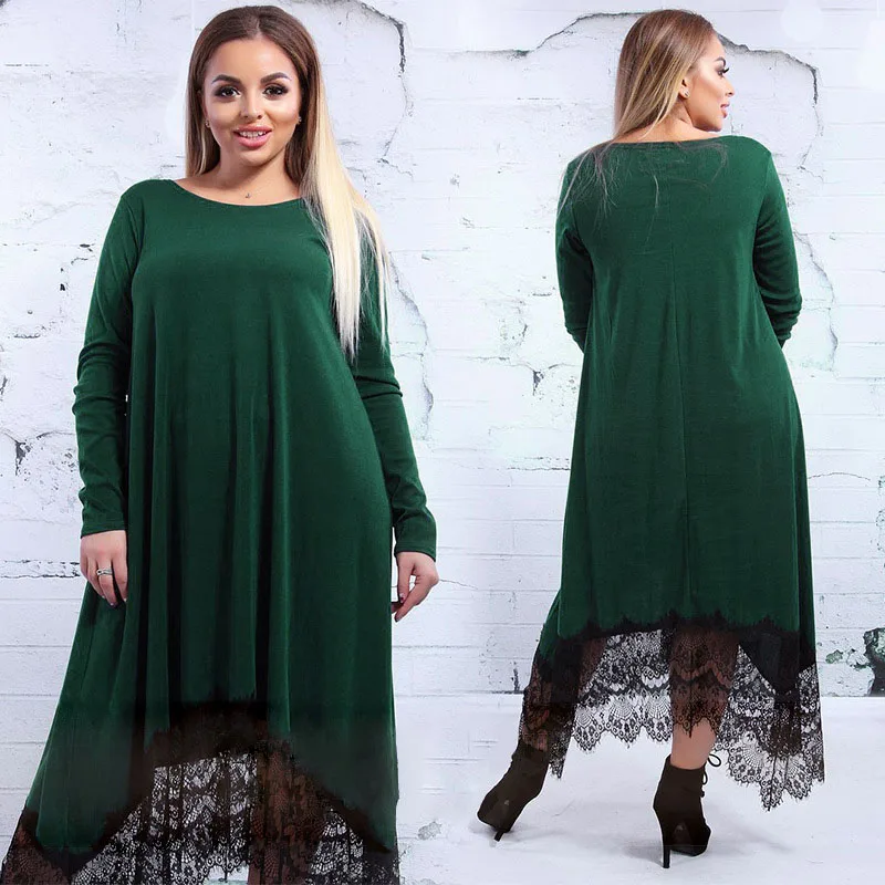 2020 Autumn Lace Patchwork Maxi Dress Plus Size 4XL 5XL 6XL Black Blue Vintage Loose Robe Longue Casual O-neck Vestidos Big | Женская