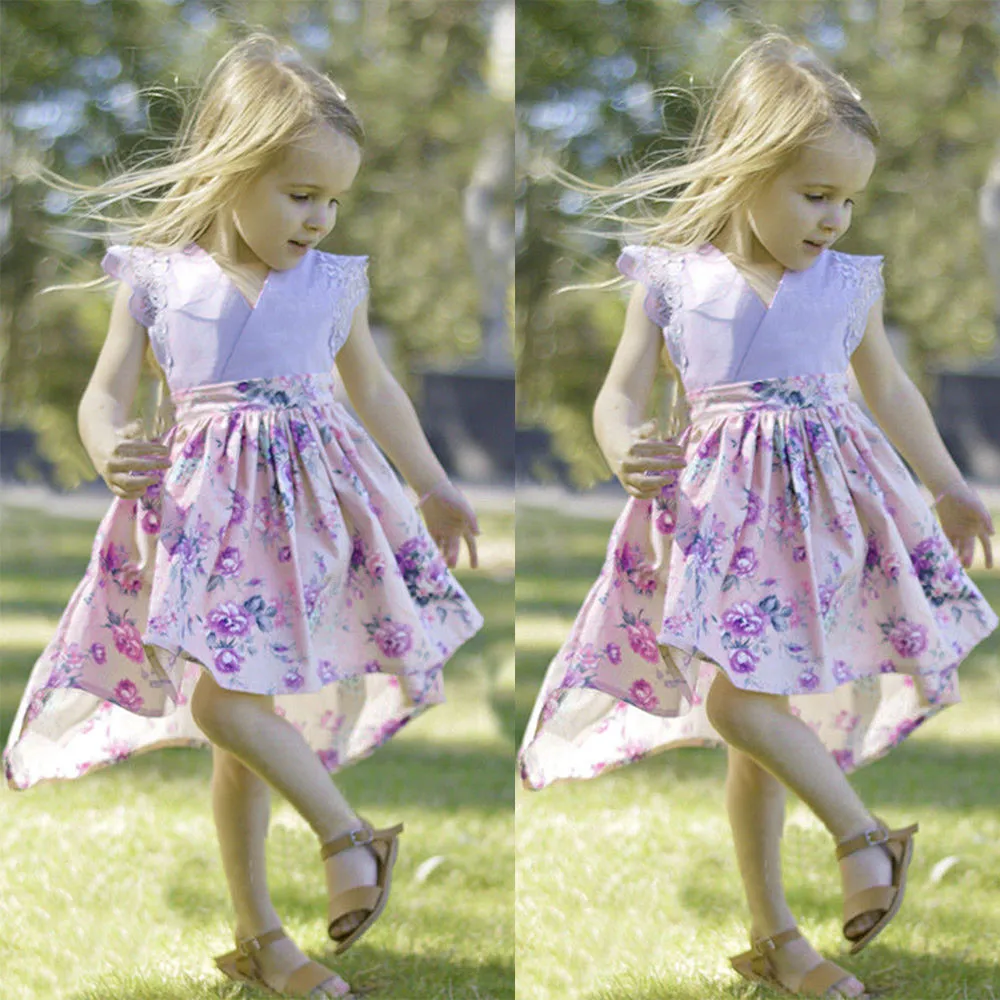 

Toddler Baby Gilrs Sleeveless Lace Ruched Dress+Headband Floral Sundress Ouifit summer clothes for girls dresses Dropshipping