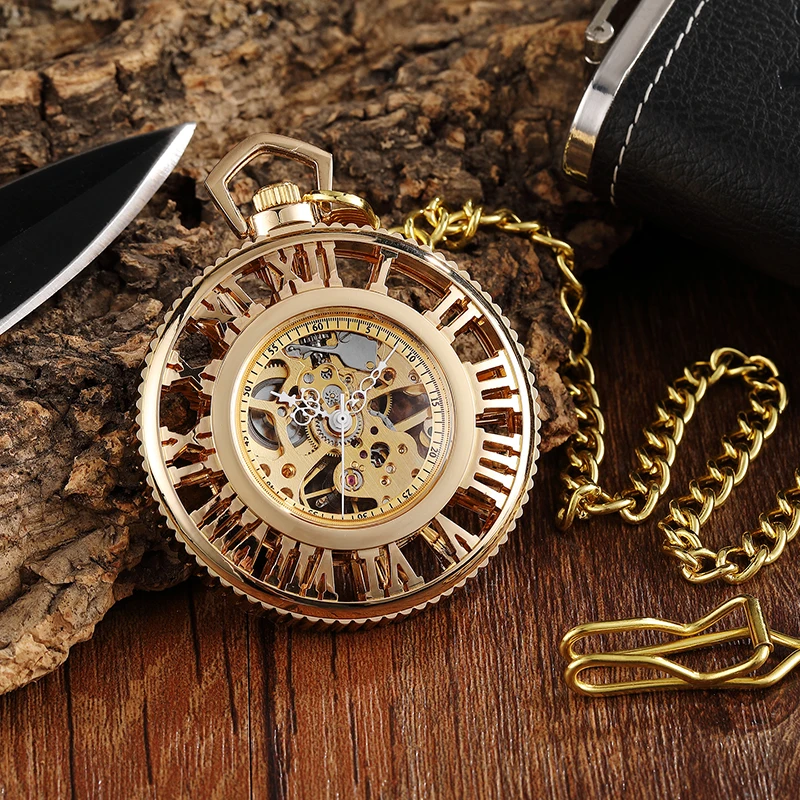 Роскошные Механические карманные часы Hollow Золотой Цвет римскими цифрами Fob цепь часы Винтаж скелет кулон Стимпанк Для женщин часы