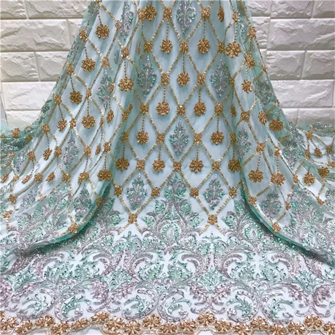 

Latest French Nigerian Laces Fabrics With Beads Gold African Lace Fabric 2019 High Quality French Tulle Lace Material green