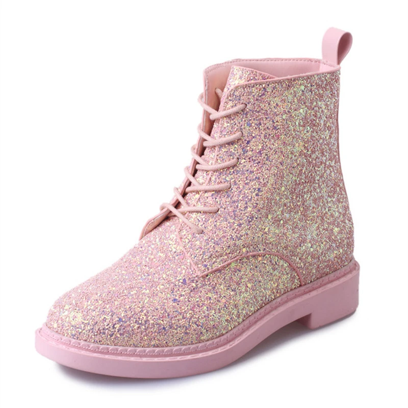 2016 new winter influx of European and American sequined lace PU low cylinder boots Martin boots Korean female fashion round