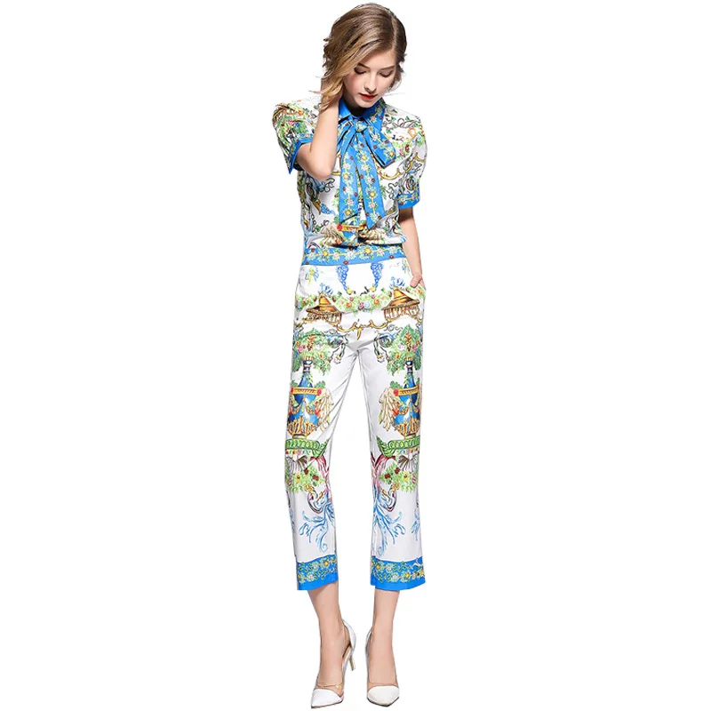 

PADEGAO Women New Fashionable Suit 2019 Two Piece Set Short Sleeve Shirt Euro-america Turn-down Collar Shirt +Pants Print Suit