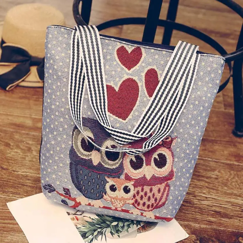 

2018 New Fashion Women's Canvas Owl Cartoon Handbag Female Shoulder Messenger Bag Ladies Satchel Tote Bags bolsas feminina