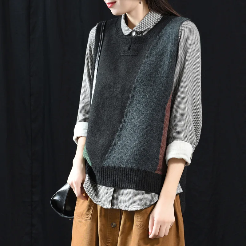 

Women Autumn Spring Knitted Vest Sweaters Ladies 2019 Patchwork Sleeveless Tops Female 2019 Spliced Knitwear Knit Pullovers