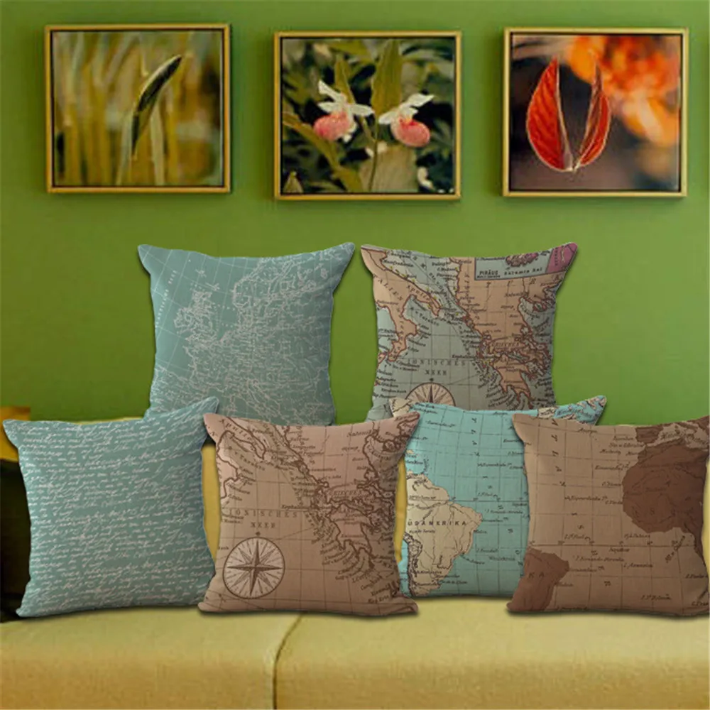 

Vintage style decorative throw pillow case cover world map square cushion cover for sofa home chair capa de almofadas car 45x45