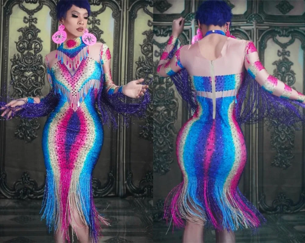 Colorful Tassel Crystal Elastic Skinny Dress Women Singer Host Dress