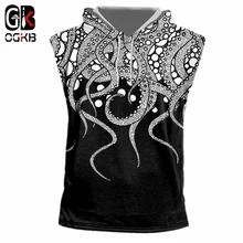 OGKB хип-хоп панк фитнес толстовки без рукавов для женщин/мужчин с принтом щупальца осьминога 3D майка с кепкой череп Майки для тренировок жилет