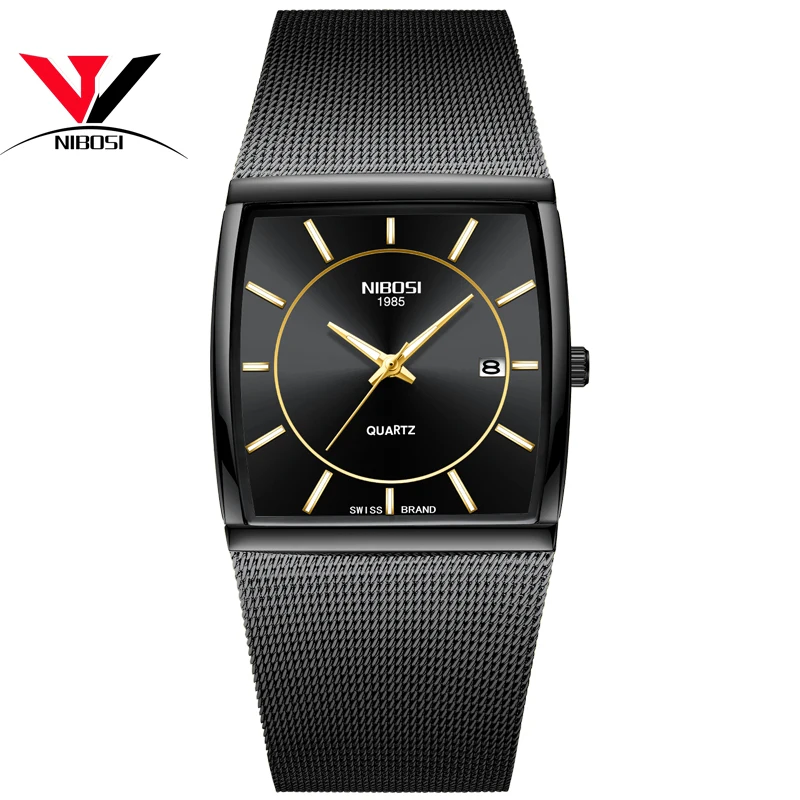 

NIBOSI Luxury Brand Watches Men Stainless Steel Mesh Band Quartz Sport Watch Chronograph Men's Wrist Watches Clock Square Watch