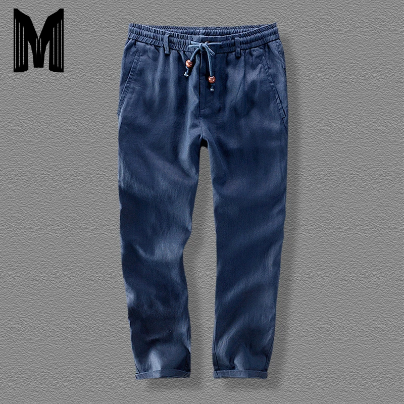 

2019 Summer men's linen ankle-Length pants loose thin casual men flax trousers 30-40 size elastic waist breathable pants Y658