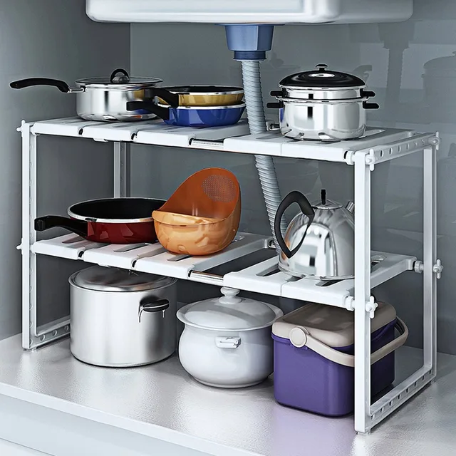 Special Offers 2 Tiers Expandable Kitchen Storage Multi-Functional Rack Adjustable Stainless Steel Under Sink Organizer Storage Shelf Cabinet