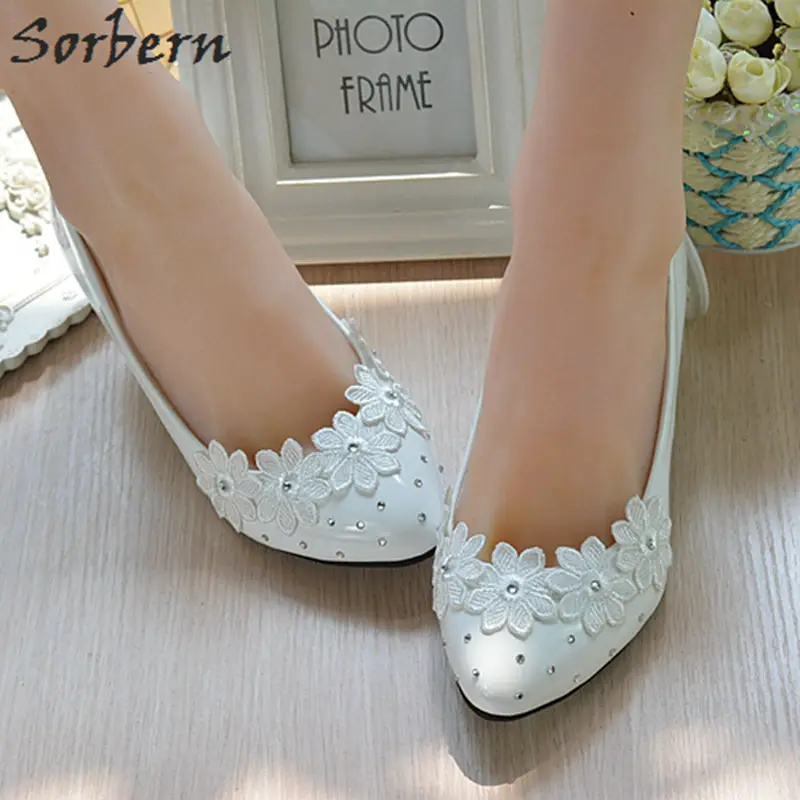 Sorbern White Lace Appliques Beaded Crystal Heel Shoes Women Sequin