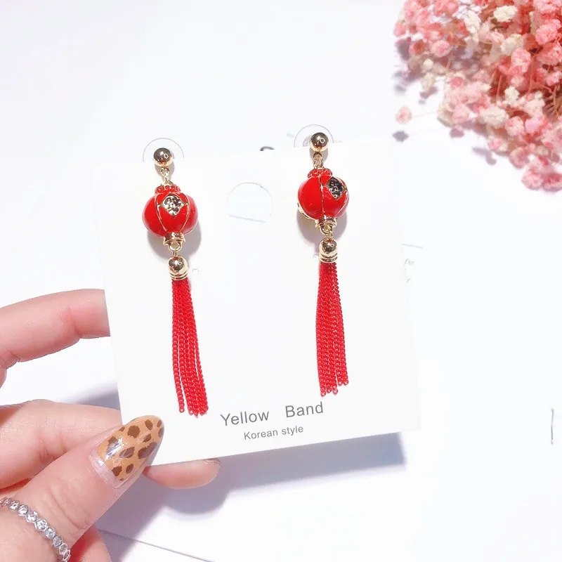 Red Lantern Chinese Knot Long Earrings Retro Chinese Style Festive Tassel Earrings New Year Women Fashion Jewelry Accessories