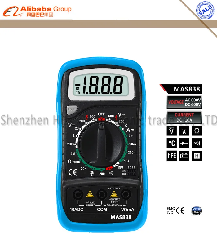 

MAS838 Mini LCD Electrical Digital Multimeter DMM DC AC Voltage Current Meter Tester Diode Temperature Meaurement Data Hold