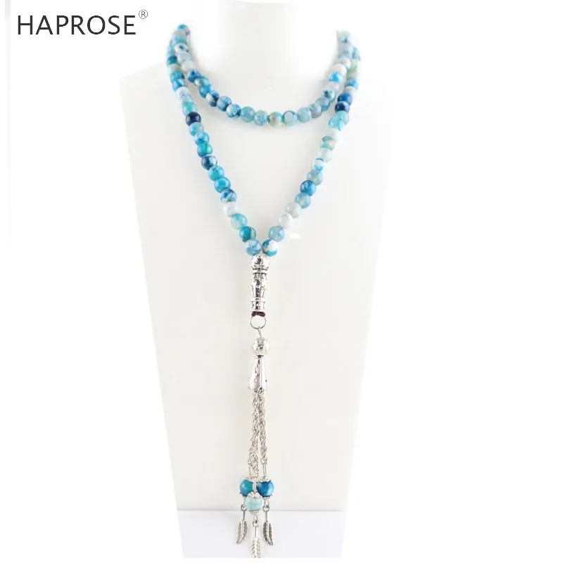 

100% Natural agate Prayer Islamic Muslim tasbih Allah Rosary blue textured agate bracelets 99 beads blue 6-10mm tassel necklace
