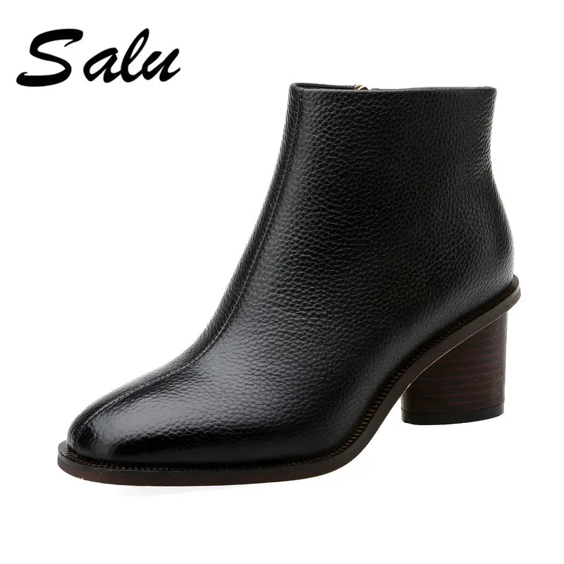 

Salu Women Genuine Leather Ankle Boots Natural Winter Booties Platform Shoes High Heels Chelsea Ankle Boots
