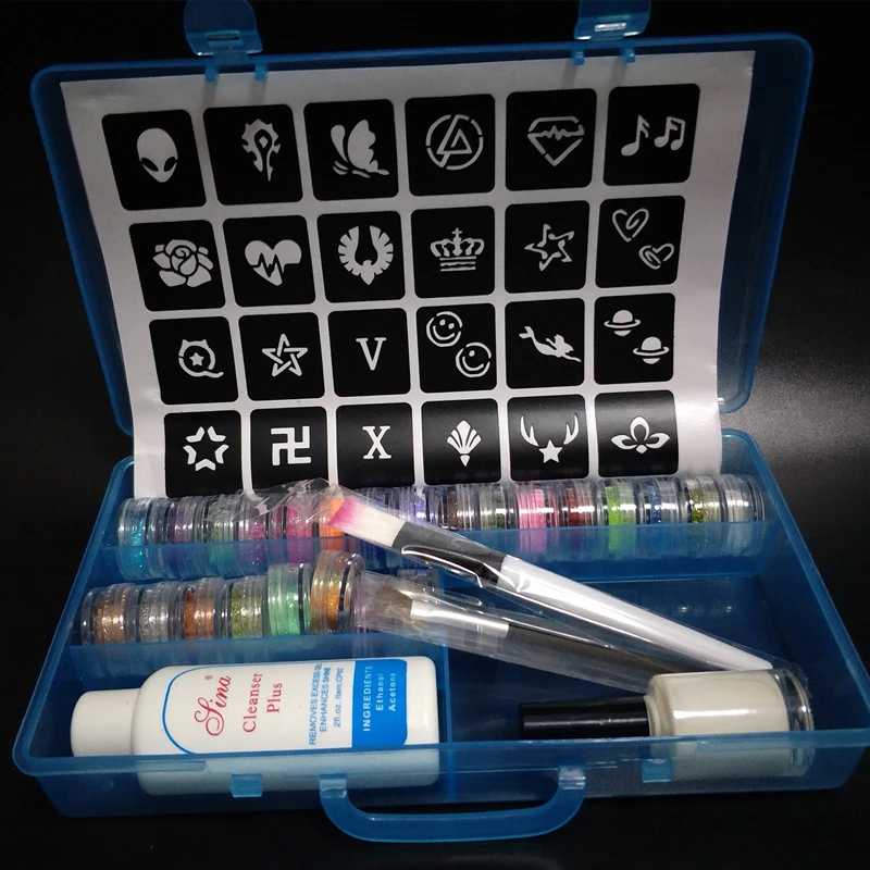 

24 Colors Glitter Powder Temporary Tattoo Diy Nail Kids Face Body Art Painting Kit 2 Brushes 1 Glue 1 Template 1 Cleansing Water