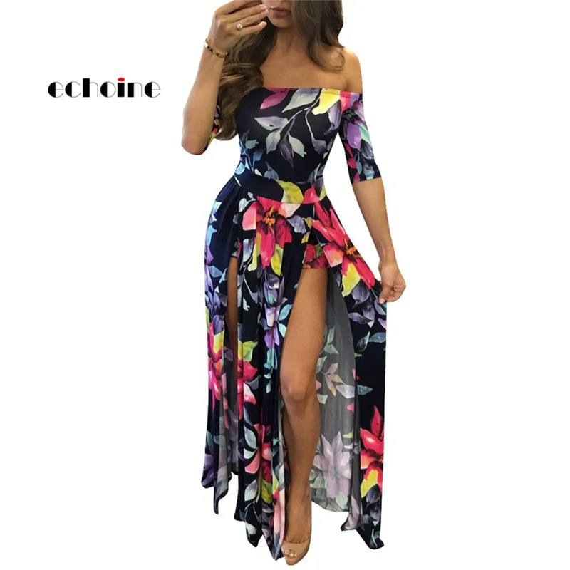 

Echoine Women Split Dress Floral Digital Print Half Sleeve Slash Neck Plus Size S-5XL Party Evening Floor Length Charming Outfit