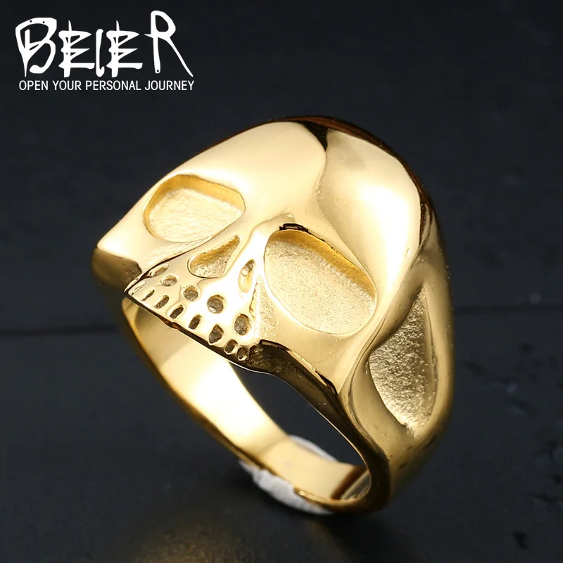 BEIER three colour Men's Punk Black/Silver/Plated-Gold Alien Skull Rings 316L Stanless Steel Fashion Jewelry BR8-198