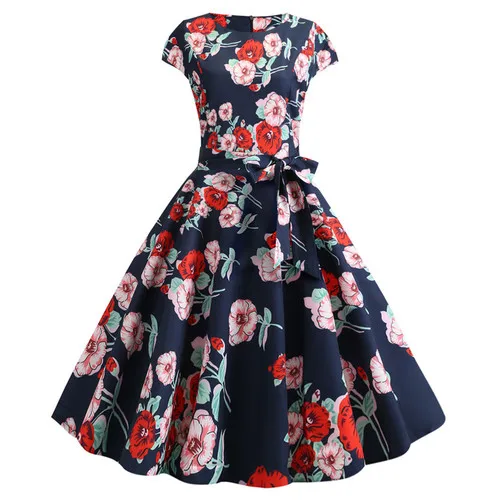 Женское платье 24 модные стильные платья с коротким рукавом женские Вечерние Платья с цветочным узором на молнии до середины икры обычные офисные женские платья - Цвет: 8051