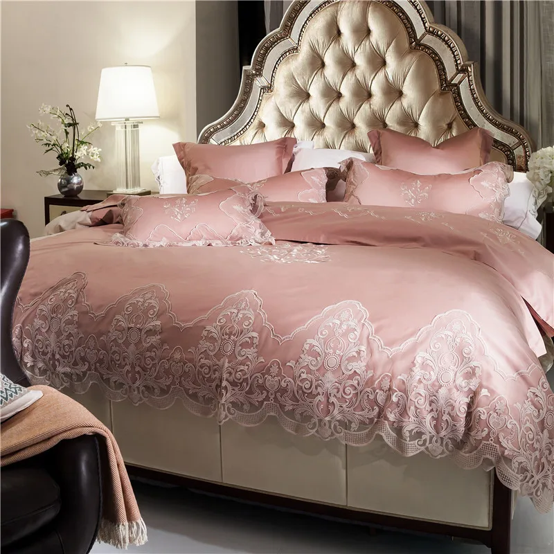 cheap luxury white pink princess bedding set king queen duvet cover bed sheet set egypt cotton lace embroidery bed set juego de cama