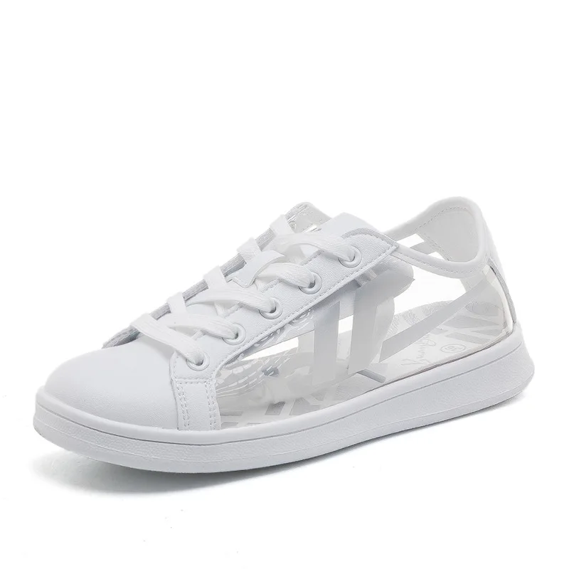 Женские белые прозрачные кроссовки; Новинка года; Летние Стильные ботинки для девочек; модные тренды на шнуровке; хорошее качество; низкая повседневная обувь