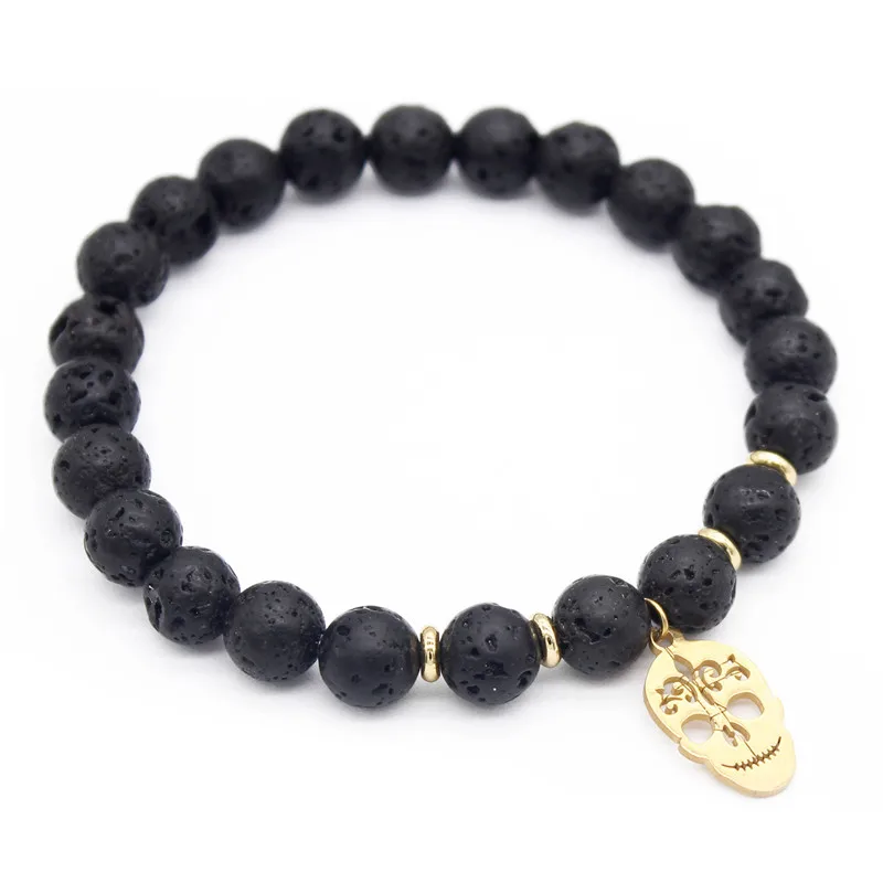 

Poshfeel Stainless Steel Gold Skull Bracelets for Men 8mm Lava Stone Beads Diffuser Bracelet for Essential Oils MBR180203