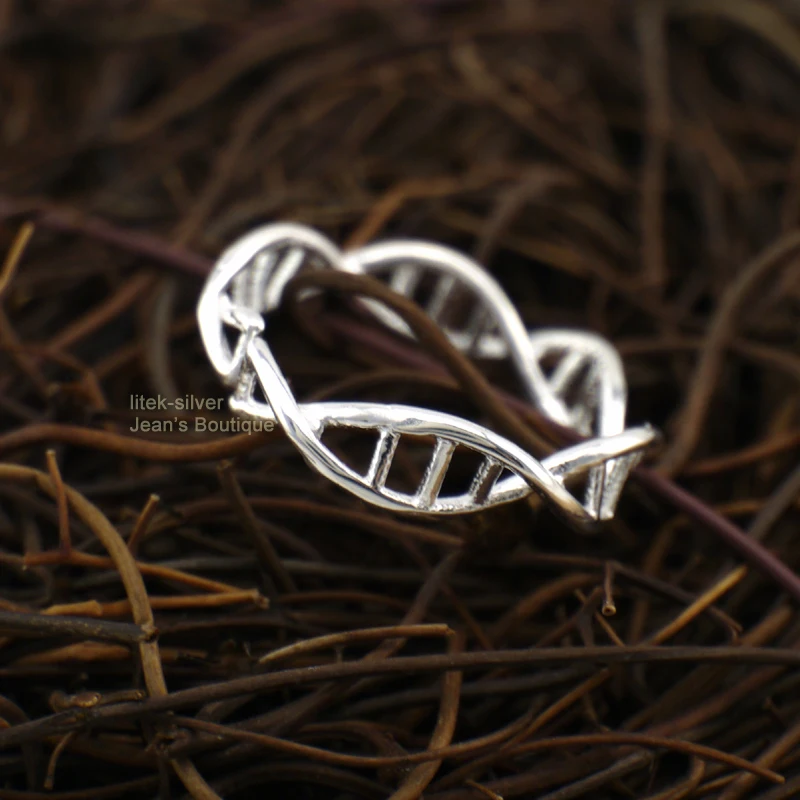 925 Solid Sterling Silver Biology Genomics DNA Open Adjustable Ring