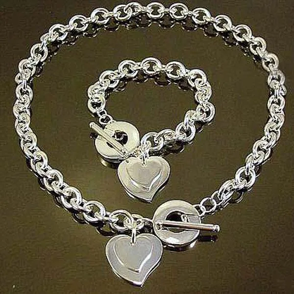 

High Quality Double Heart Tag Charm Silver Bracelet & Necklace 925 Jewelry Set for Women Bijoux Wholesale Christmas Gfits