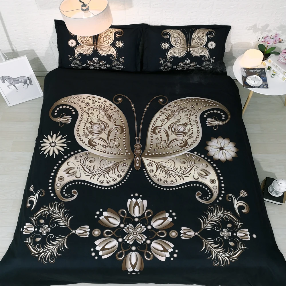

3 Parts Per Set Luxury Black and Gold Butterfly bed sheet HD 3d digital bed linen set