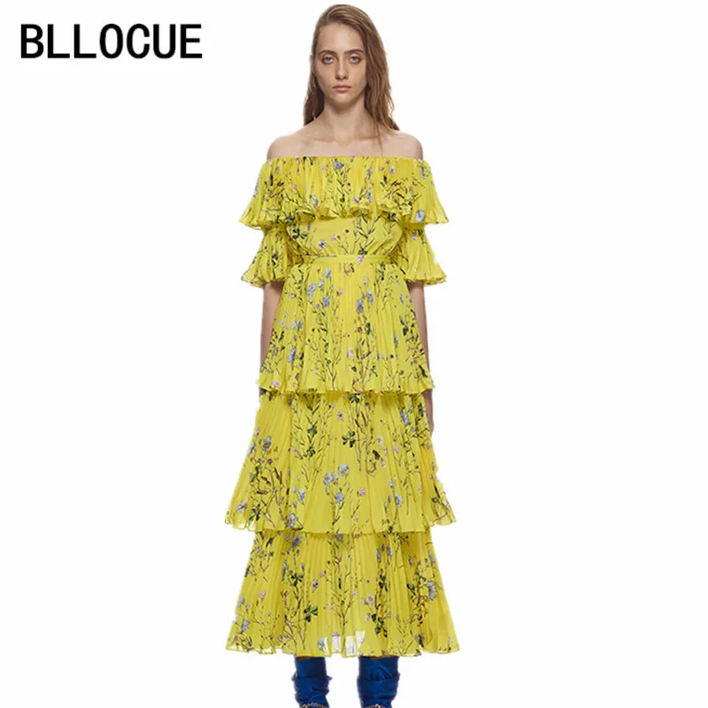 

BLLOCUE High Quality Runway 2018 Summer Long Self Portrait Dress Maxi Women Sexy Off the Shoulder Floral Printed Tiered Dresses
