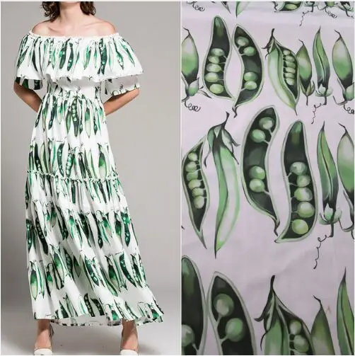 

100X145cm Fashion Week Runway Green Pea Pods White Cotton Poplin Fabric for Girl Woman Summer Dresses Sewing DIY
