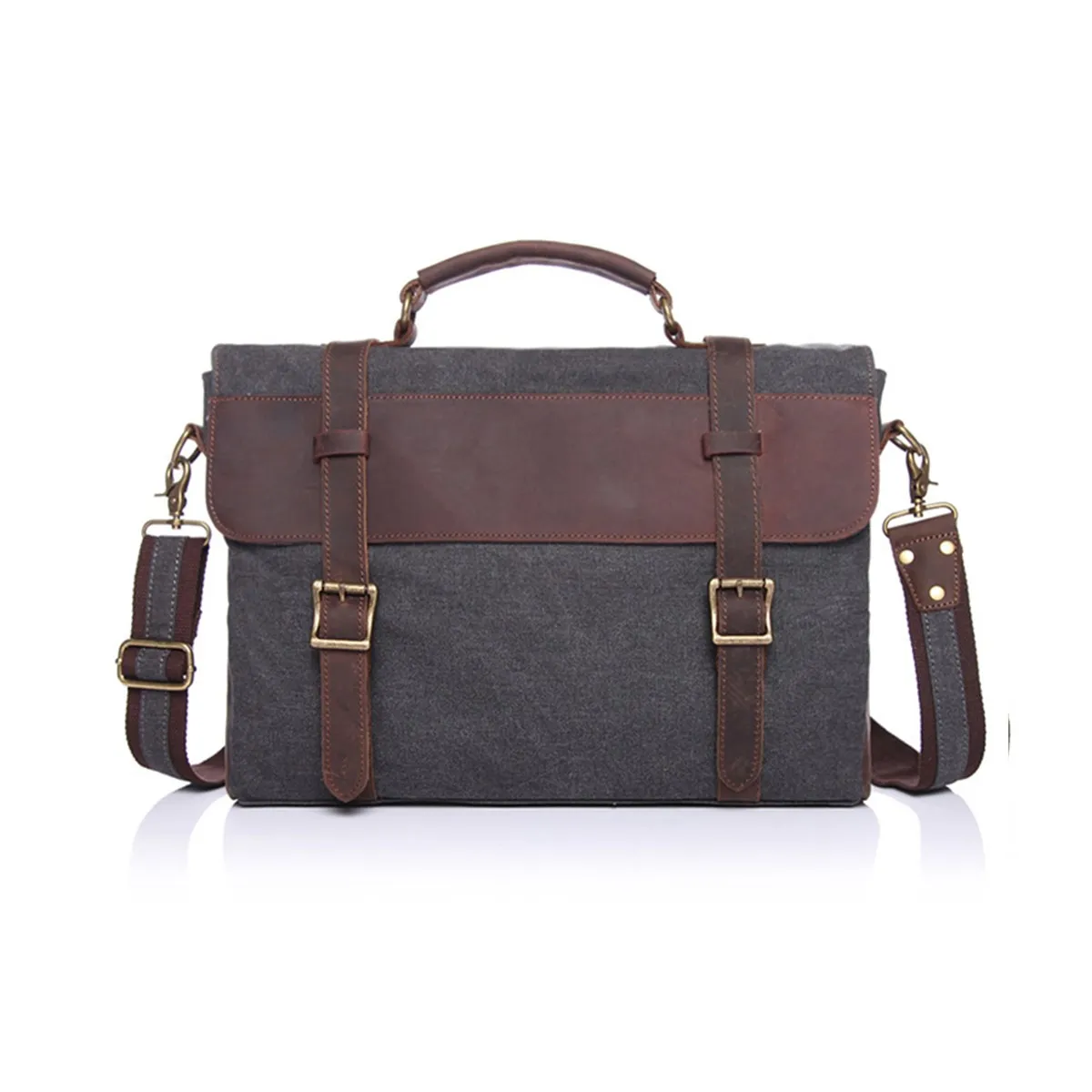 

Men Canvas Briefcase Leather + Canvas Shoulder Messenger Bag Male Business Briefcase Laptop Pockets Travel Handbag Large Tote
