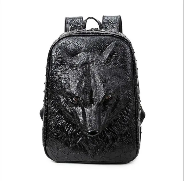 

Personality Pu Punk wolf Backpack Men's 3D Animal Wolf Head Backpack Outdoor Cool Travel Waterproof Shockproof Man cool backpack