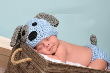 

free shipping,cute handmade crochet newborn dog/puppy hat with matching diaper cover 2pcs baby sets photography props