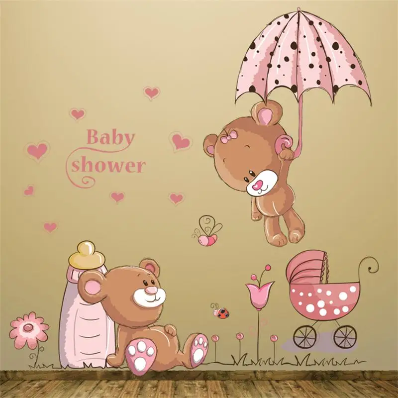 Cute Couple Bears Umbrella Wall Stickers For Kids Rooms Wall Decal Art Children Bedroom Decor Nursery baby shower gift