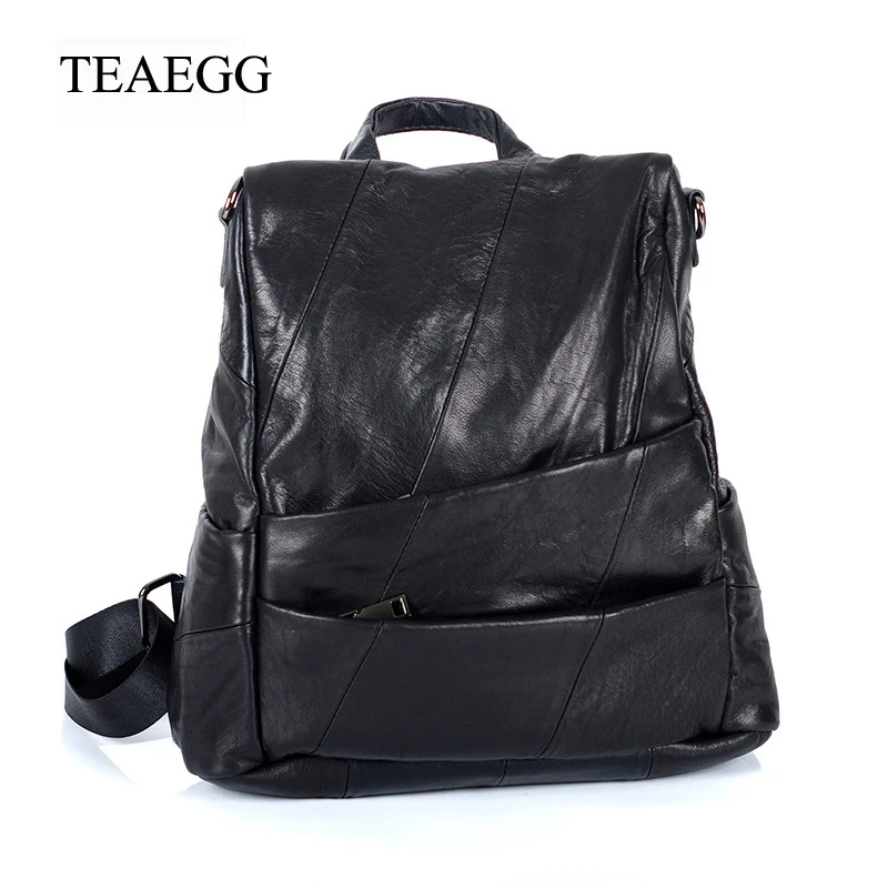 

TEAEGG Women Cow Leather backpack Female Real Genuine Leather stitching multi-purpose Shoulder Bag Lady Rucksack